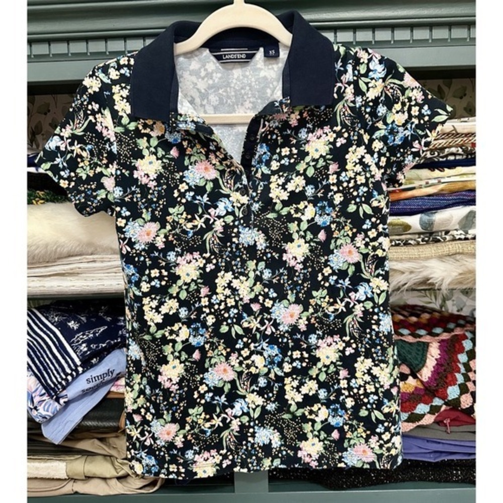 Lands End Women's Blue Floral Print Button Front Polo Shirt Size XS